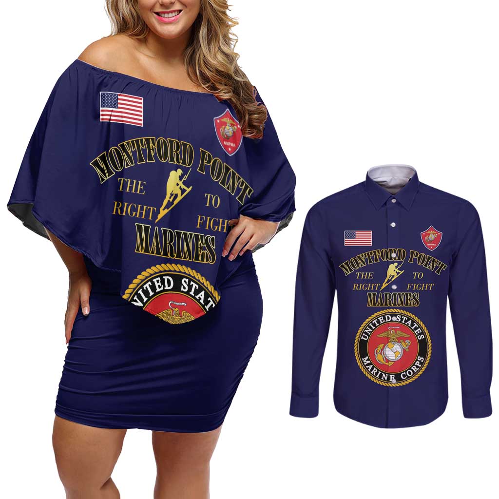 African American Marine Corps Legacy Couples Matching Off Shoulder Short Dress and Long Sleeve Button Shirt Montford Point Heritage Navy Blue - Wonder Print Shop