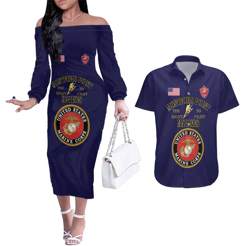 African American Marine Corps Legacy Couples Matching Off The Shoulder Long Sleeve Dress and Hawaiian Shirt Montford Point Heritage Navy Blue - Wonder Print Shop