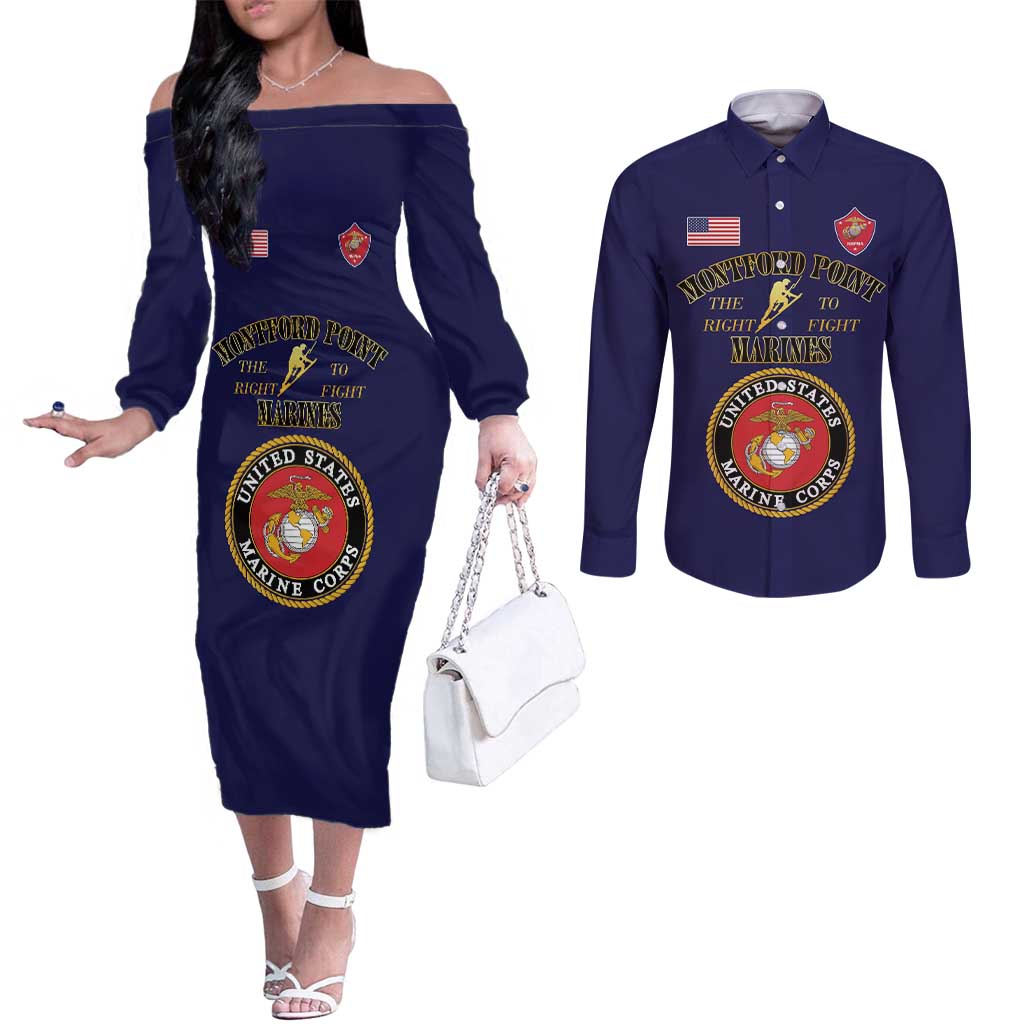 African American Marine Corps Legacy Couples Matching Off The Shoulder Long Sleeve Dress and Long Sleeve Button Shirt Montford Point Heritage Navy Blue - Wonder Print Shop