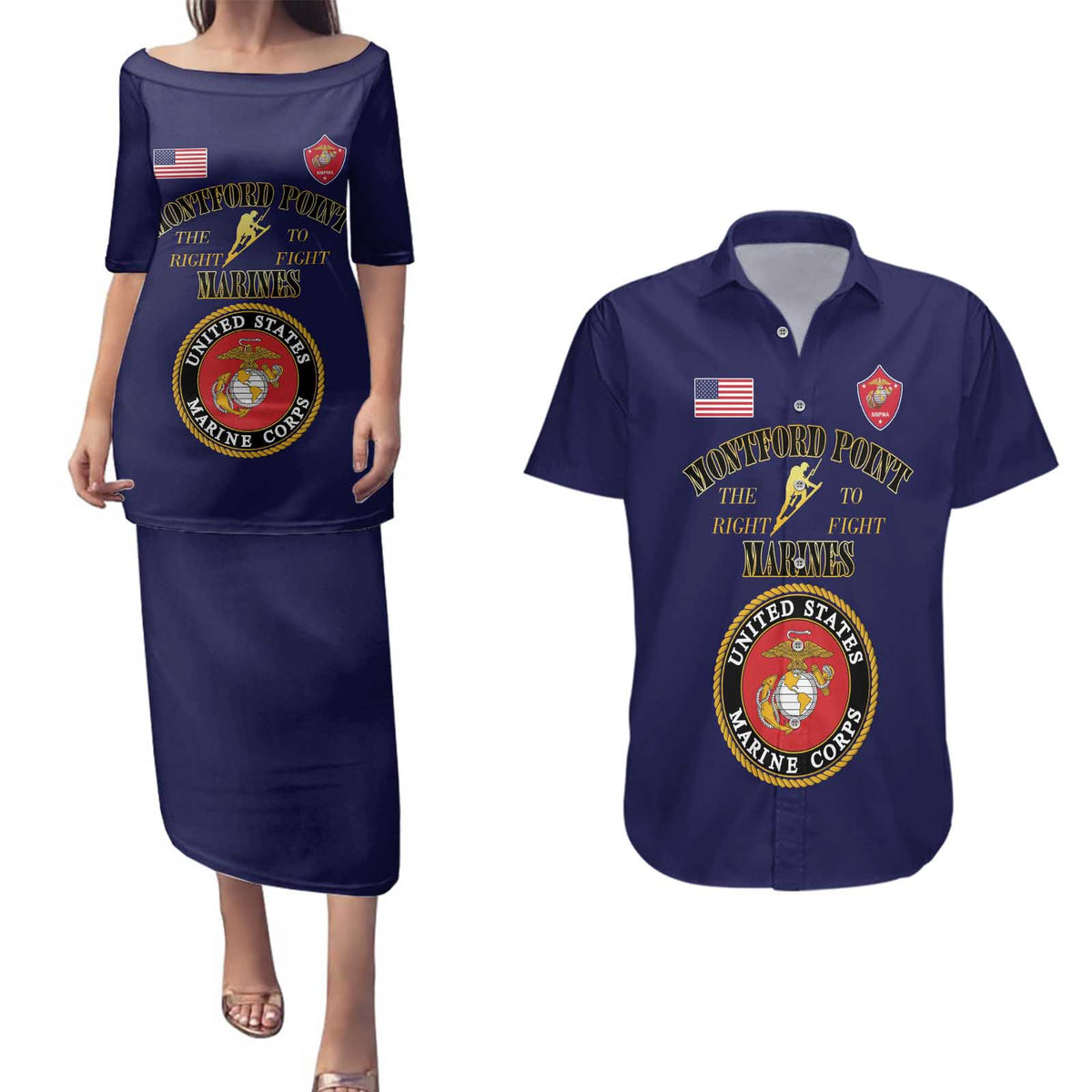 African American Marine Corps Legacy Couples Matching Puletasi and Hawaiian Shirt Montford Point Heritage Navy Blue - Wonder Print Shop