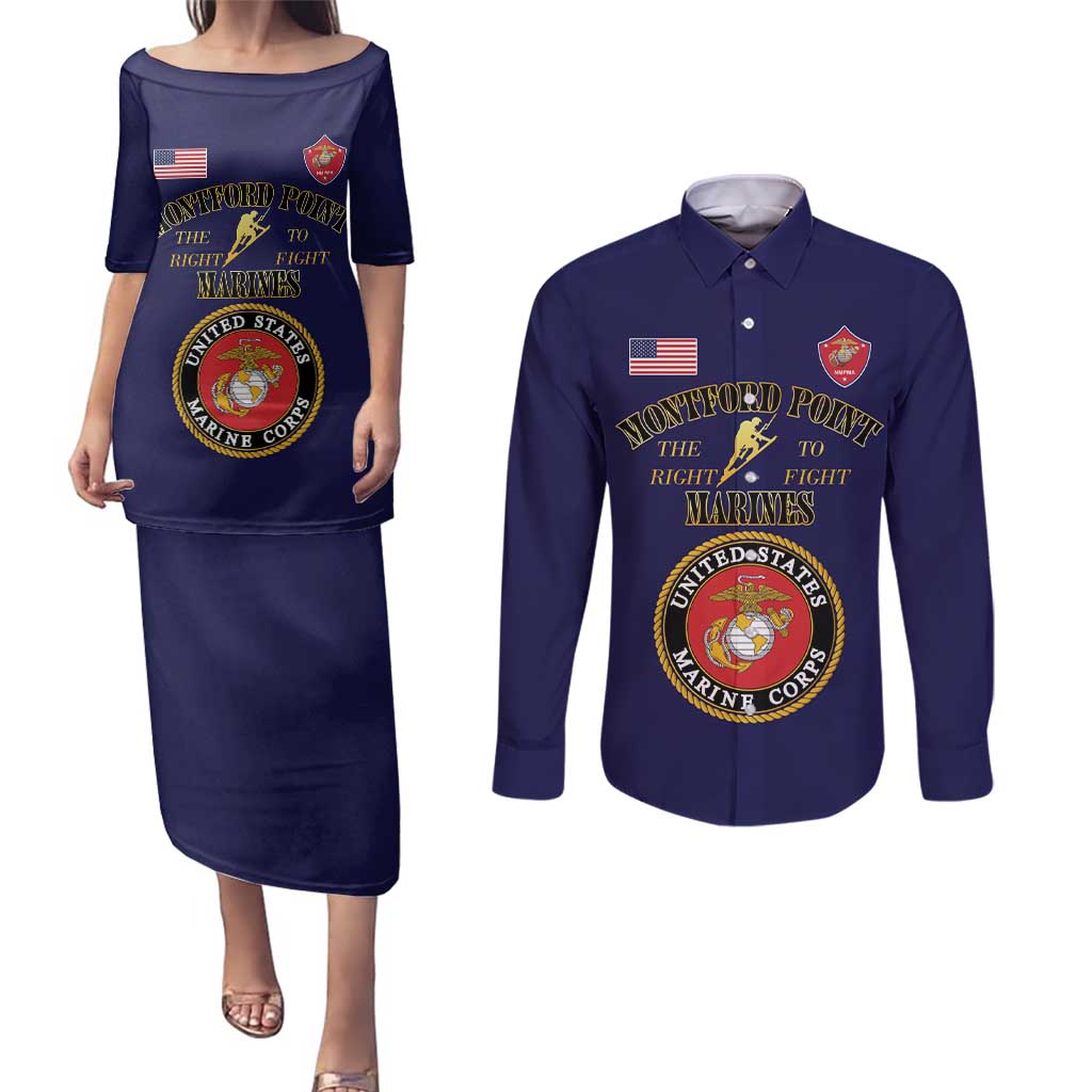 African American Marine Corps Legacy Couples Matching Puletasi and Long Sleeve Button Shirt Montford Point Heritage Navy Blue - Wonder Print Shop