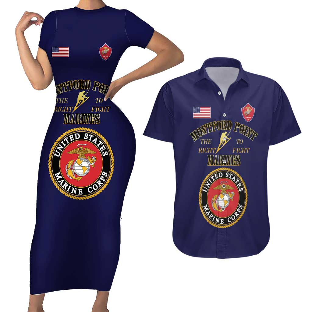 African American Marine Corps Legacy Couples Matching Short Sleeve Bodycon Dress and Hawaiian Shirt Montford Point Heritage Navy Blue - Wonder Print Shop