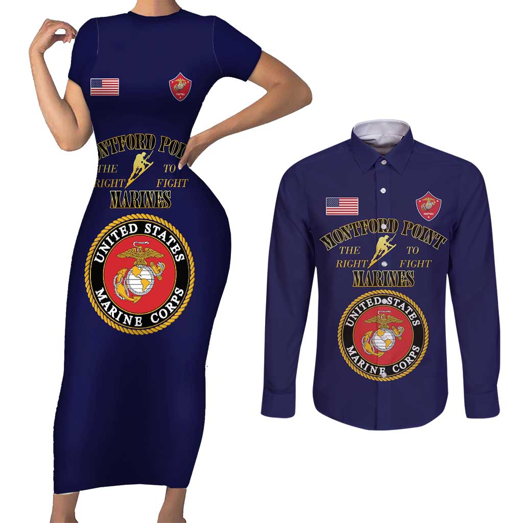 African American Marine Corps Legacy Couples Matching Short Sleeve Bodycon Dress and Long Sleeve Button Shirt Montford Point Heritage Navy Blue - Wonder Print Shop