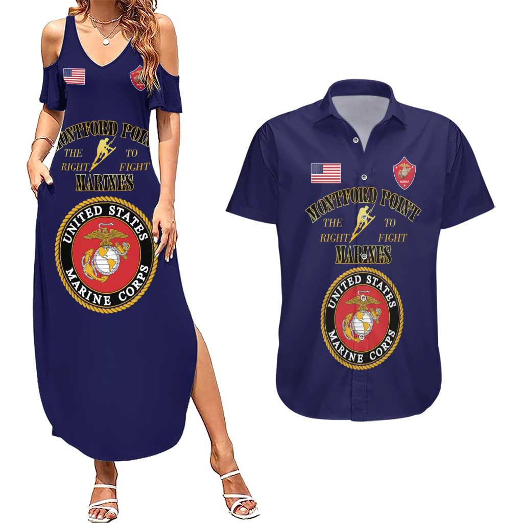 African American Marine Corps Legacy Couples Matching Summer Maxi Dress and Hawaiian Shirt Montford Point Heritage Navy Blue - Wonder Print Shop
