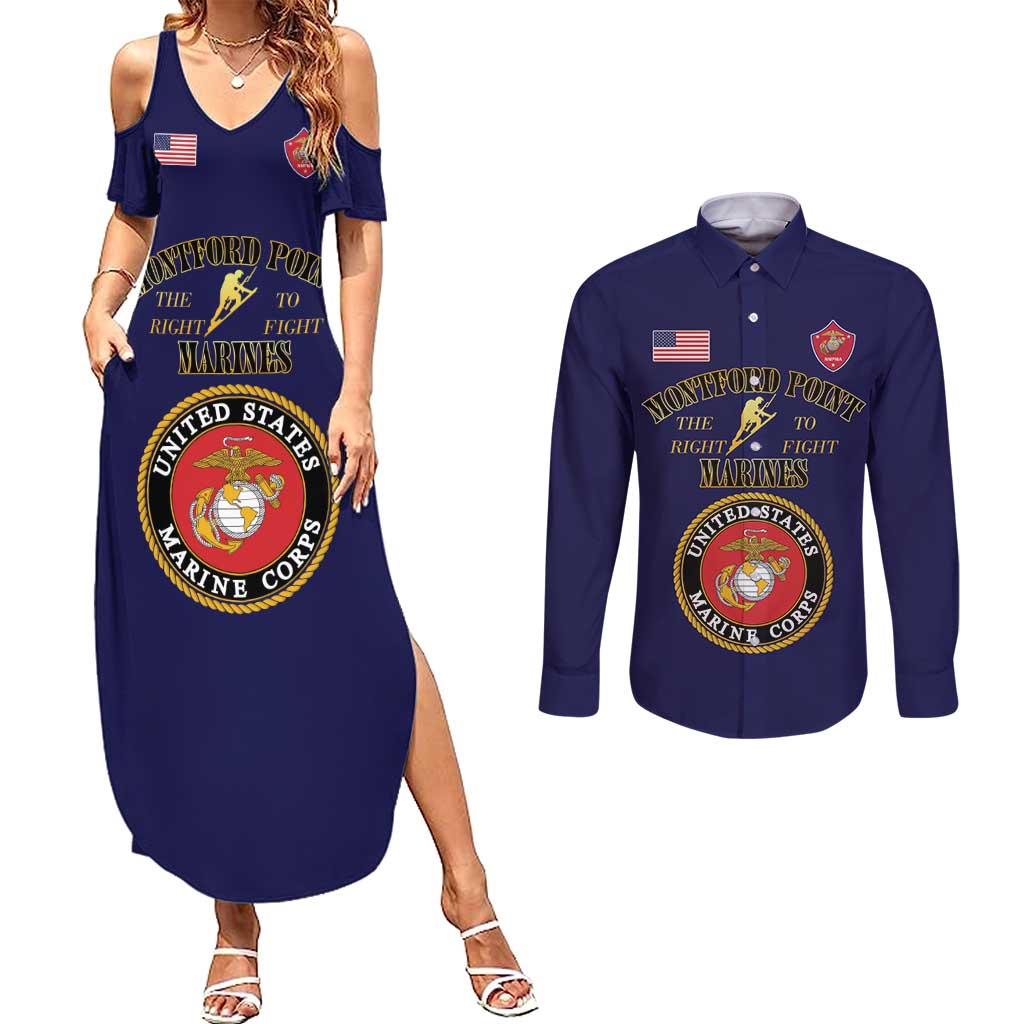 African American Marine Corps Legacy Couples Matching Summer Maxi Dress and Long Sleeve Button Shirt Montford Point Heritage Navy Blue - Wonder Print Shop