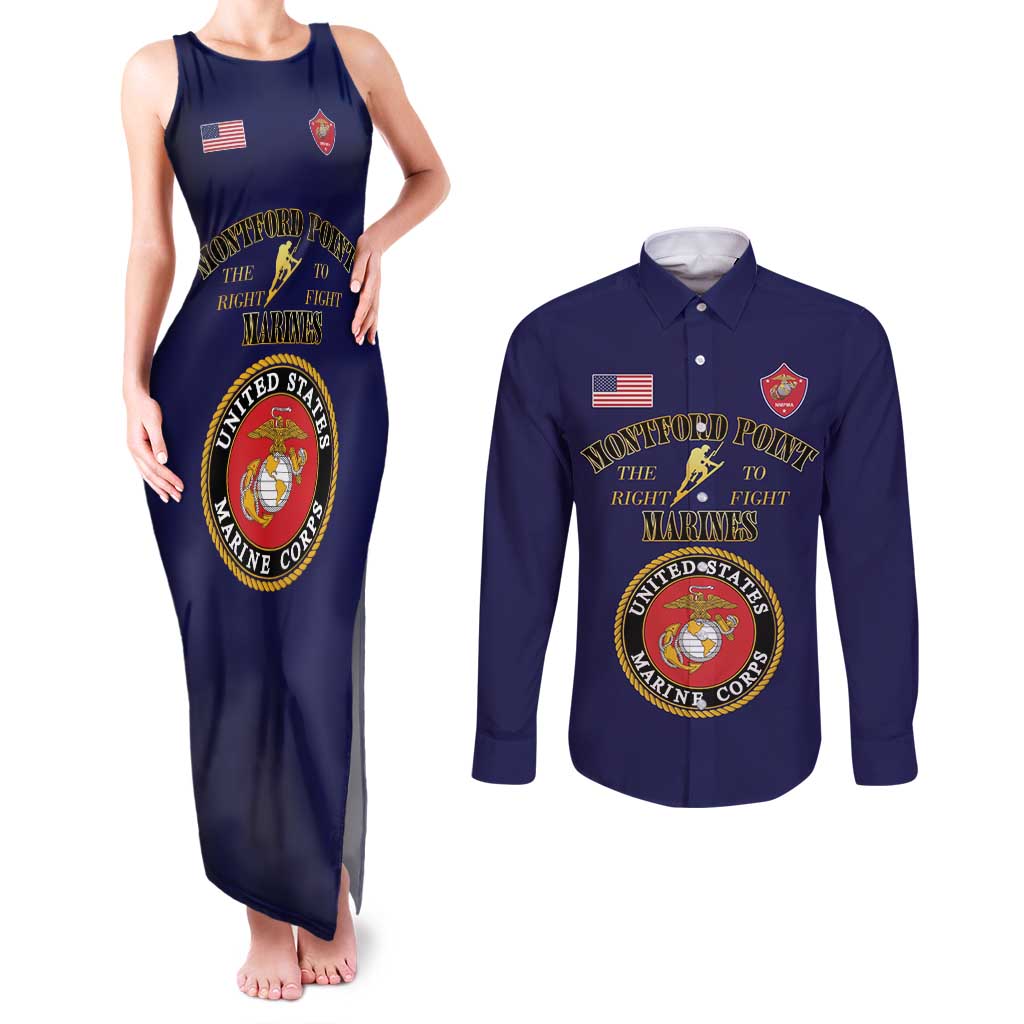 African American Marine Corps Legacy Couples Matching Tank Maxi Dress and Long Sleeve Button Shirt Montford Point Heritage Navy Blue - Wonder Print Shop