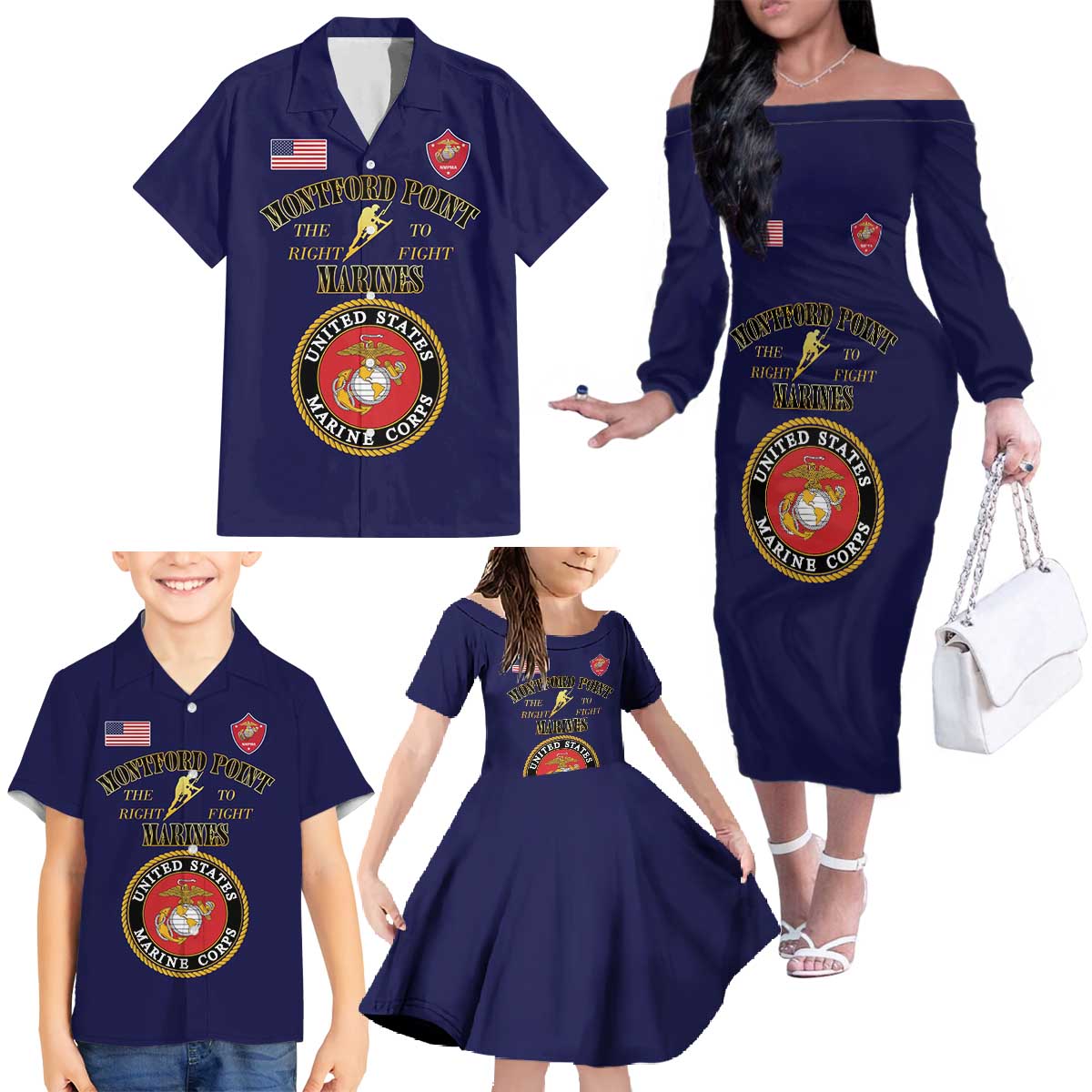 African American Marine Corps Legacy Family Matching Off The Shoulder Long Sleeve Dress and Hawaiian Shirt Montford Point Heritage Navy Blue - Wonder Print Shop