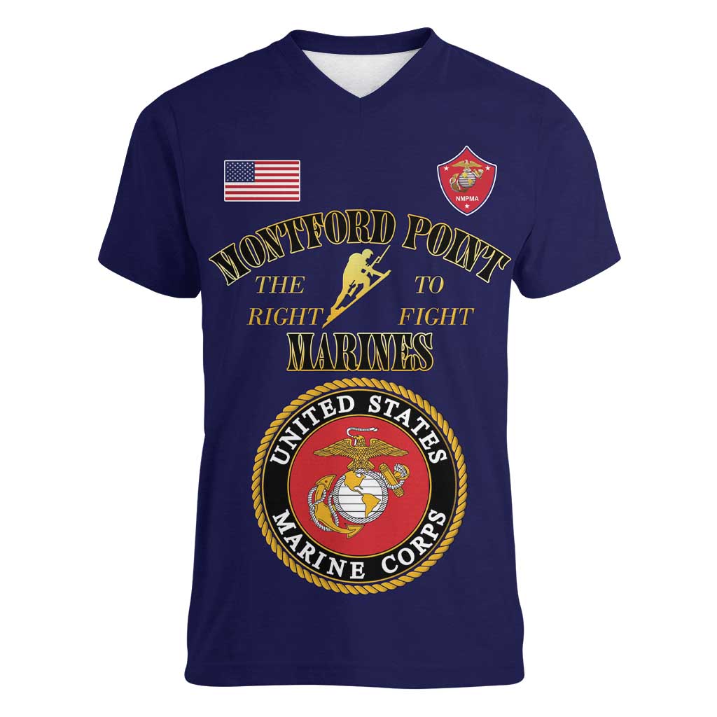 African American Marine Corps Legacy Women V-Neck T-Shirt Montford Point Heritage Navy Blue - Wonder Print Shop