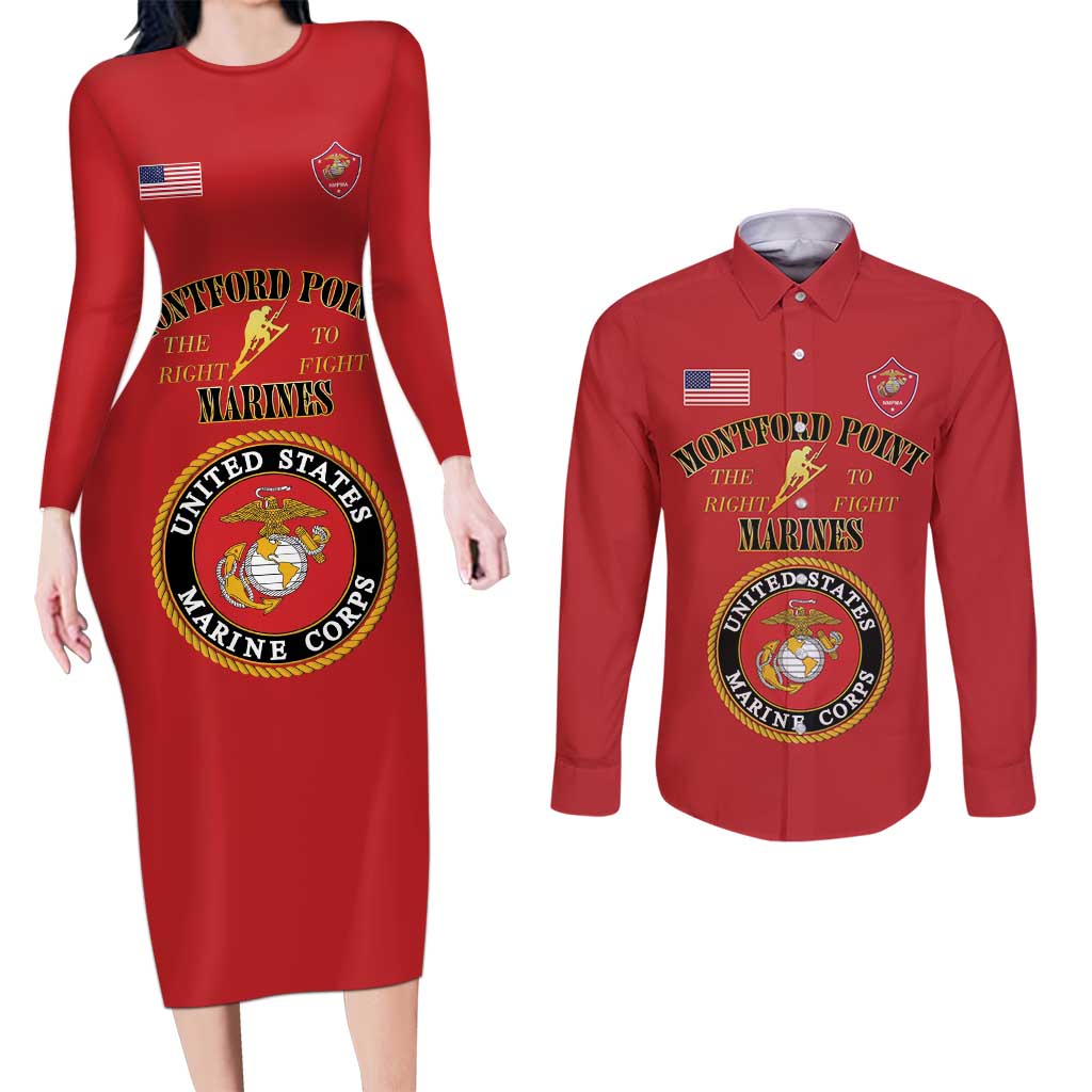 African American Marine Corps Legacy Couples Matching Long Sleeve Bodycon Dress and Long Sleeve Button Shirt Montford Point Heritage Red - Wonder Print Shop