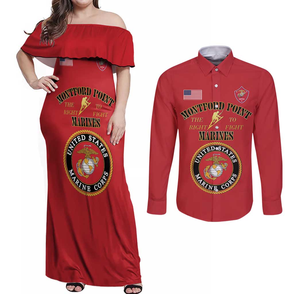 African American Marine Corps Legacy Couples Matching Off Shoulder Maxi Dress and Long Sleeve Button Shirt Montford Point Heritage Red - Wonder Print Shop
