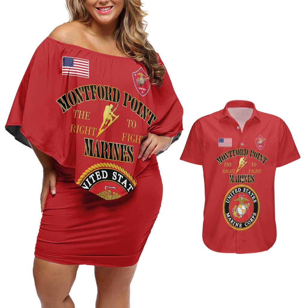 African American Marine Corps Legacy Couples Matching Off Shoulder Short Dress and Hawaiian Shirt Montford Point Heritage Red - Wonder Print Shop
