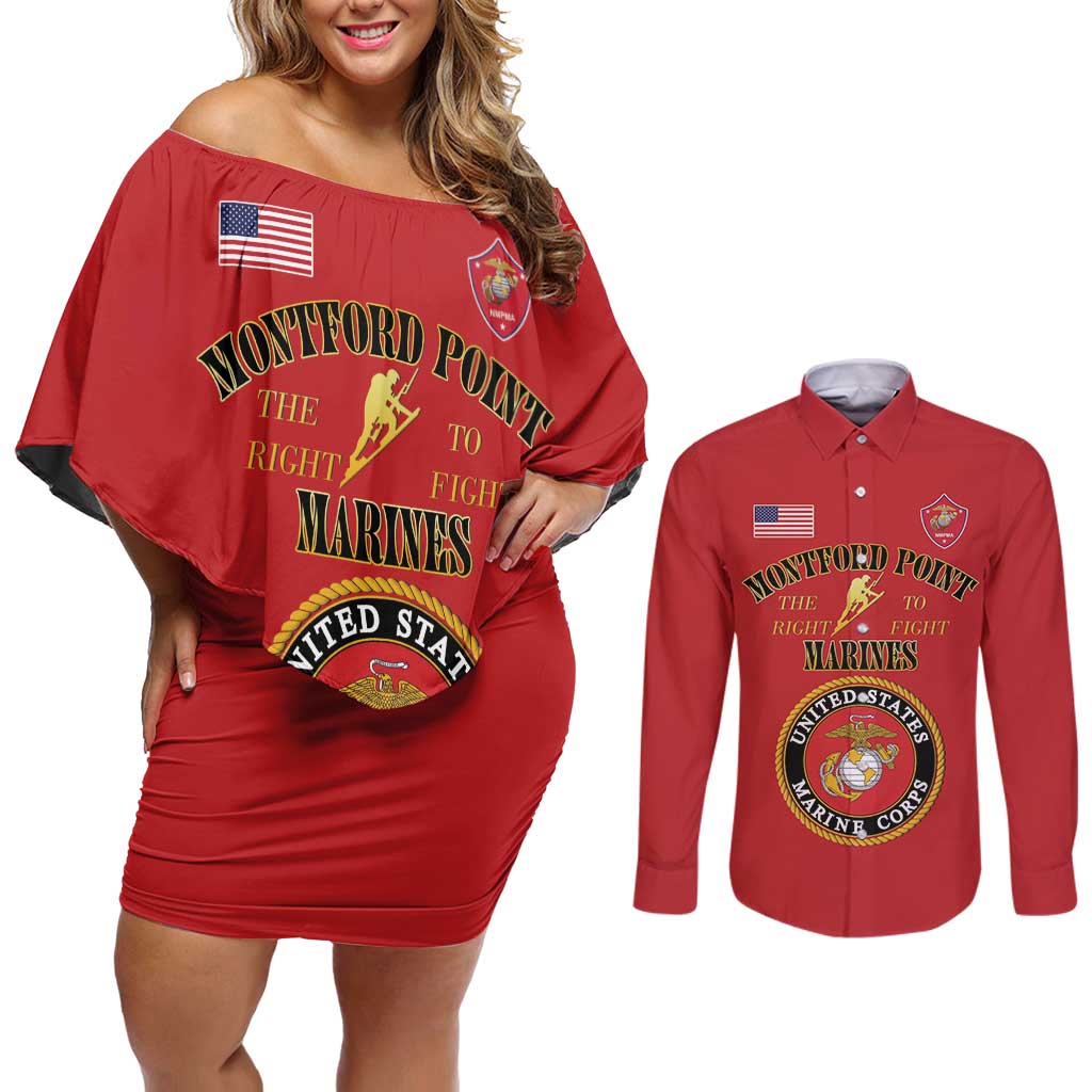 African American Marine Corps Legacy Couples Matching Off Shoulder Short Dress and Long Sleeve Button Shirt Montford Point Heritage Red - Wonder Print Shop