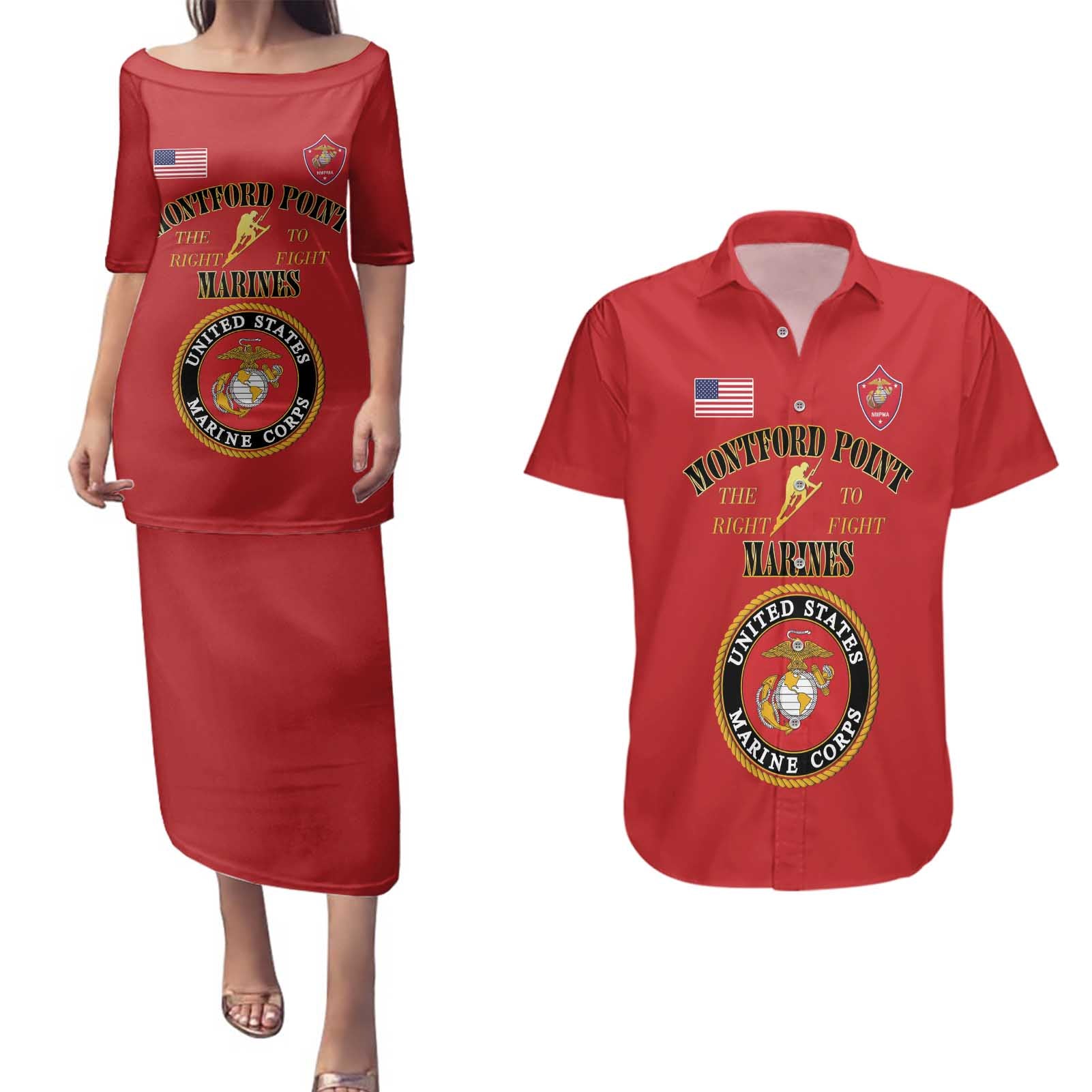 African American Marine Corps Legacy Couples Matching Puletasi and Hawaiian Shirt Montford Point Heritage Red - Wonder Print Shop