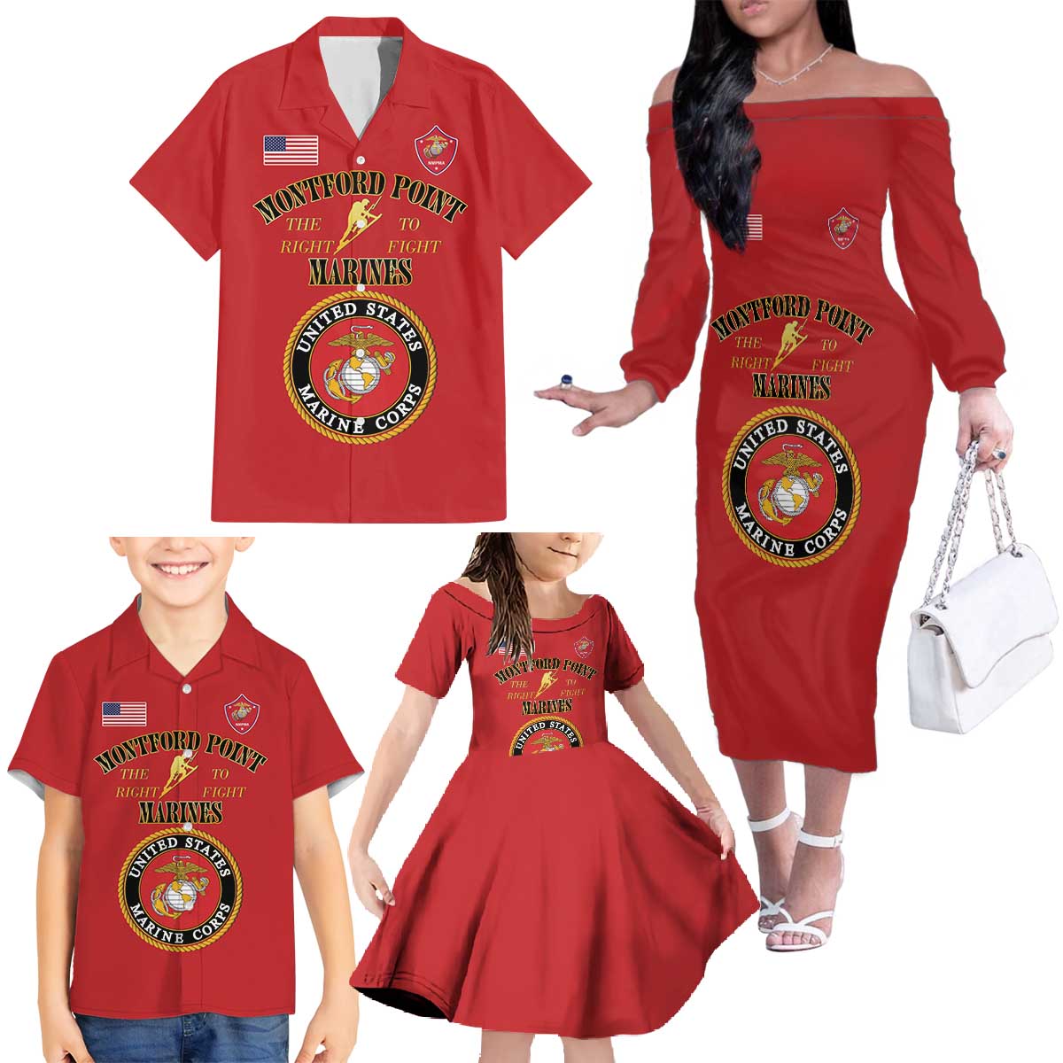 African American Marine Corps Legacy Family Matching Off The Shoulder Long Sleeve Dress and Hawaiian Shirt Montford Point Heritage Red - Wonder Print Shop