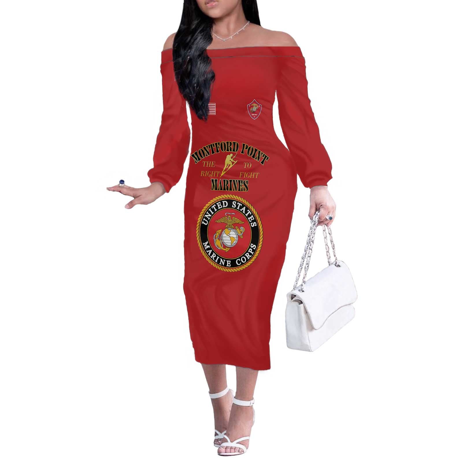 African American Marine Corps Legacy Off The Shoulder Long Sleeve Dress Montford Point Heritage Red - Wonder Print Shop