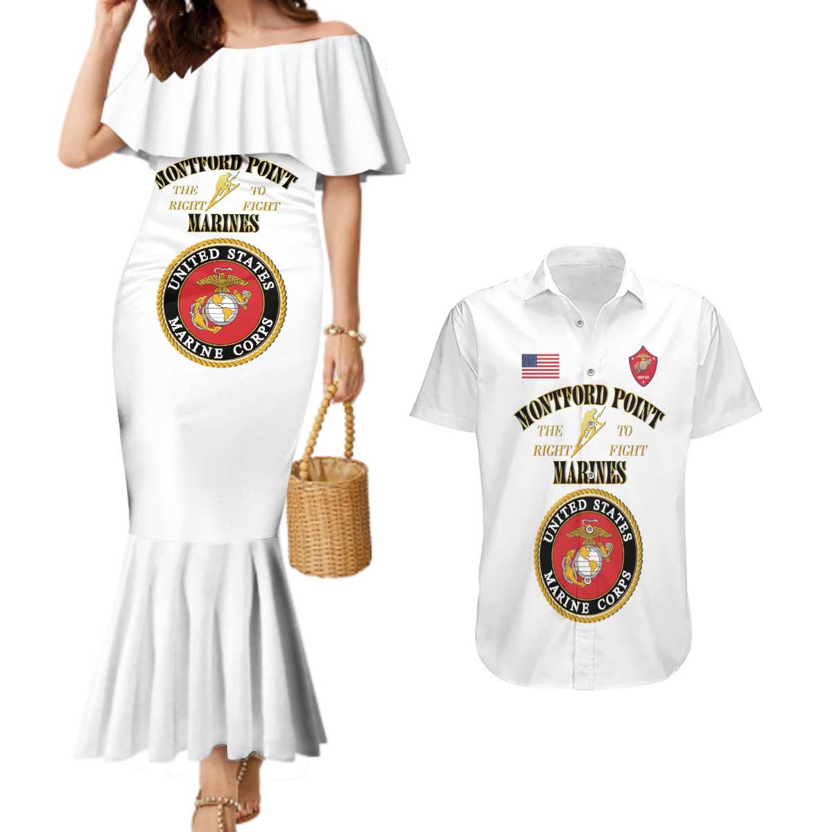 African American Marine Corps Legacy Couples Matching Mermaid Dress and Hawaiian Shirt Montford Point Heritage White - Wonder Print Shop