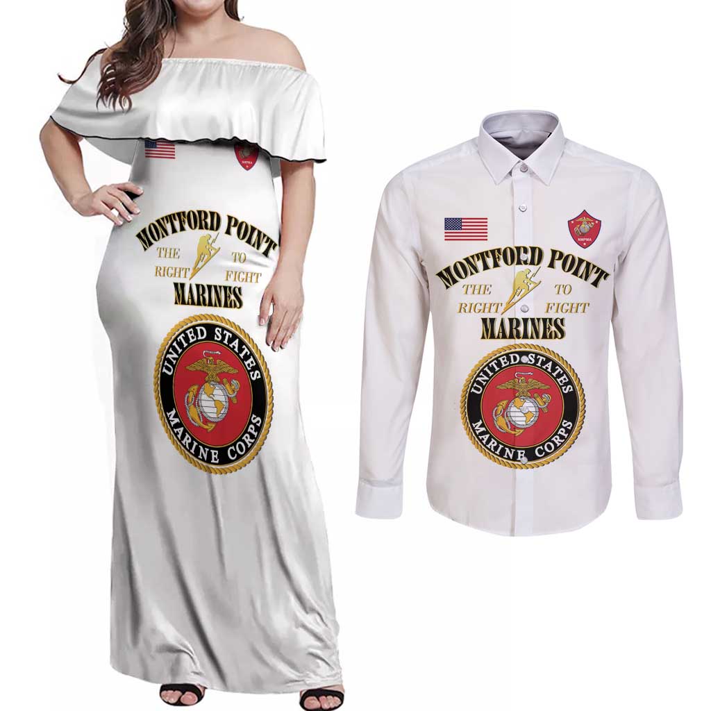 African American Marine Corps Legacy Couples Matching Off Shoulder Maxi Dress and Long Sleeve Button Shirt Montford Point Heritage White - Wonder Print Shop