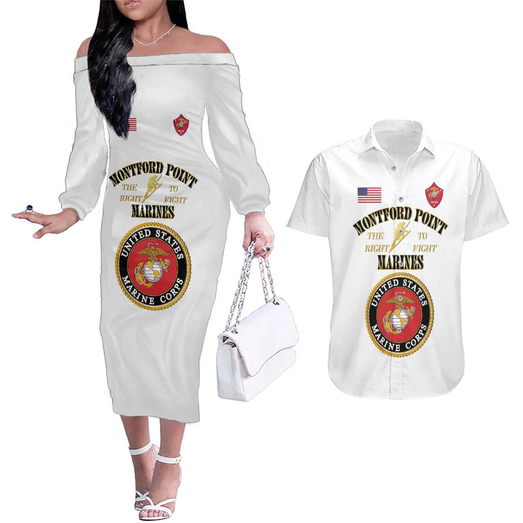 African American Marine Corps Legacy Couples Matching Off The Shoulder Long Sleeve Dress and Hawaiian Shirt Montford Point Heritage White - Wonder Print Shop