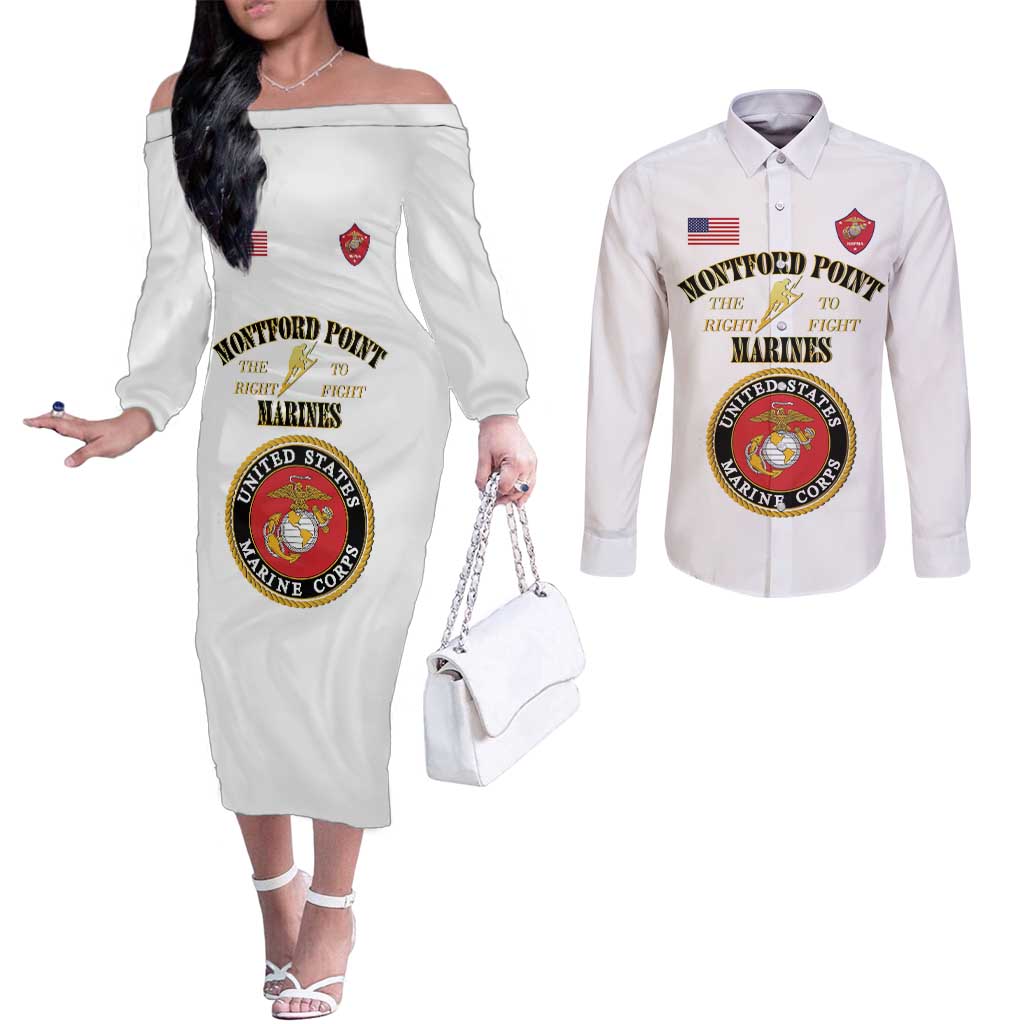African American Marine Corps Legacy Couples Matching Off The Shoulder Long Sleeve Dress and Long Sleeve Button Shirt Montford Point Heritage White - Wonder Print Shop