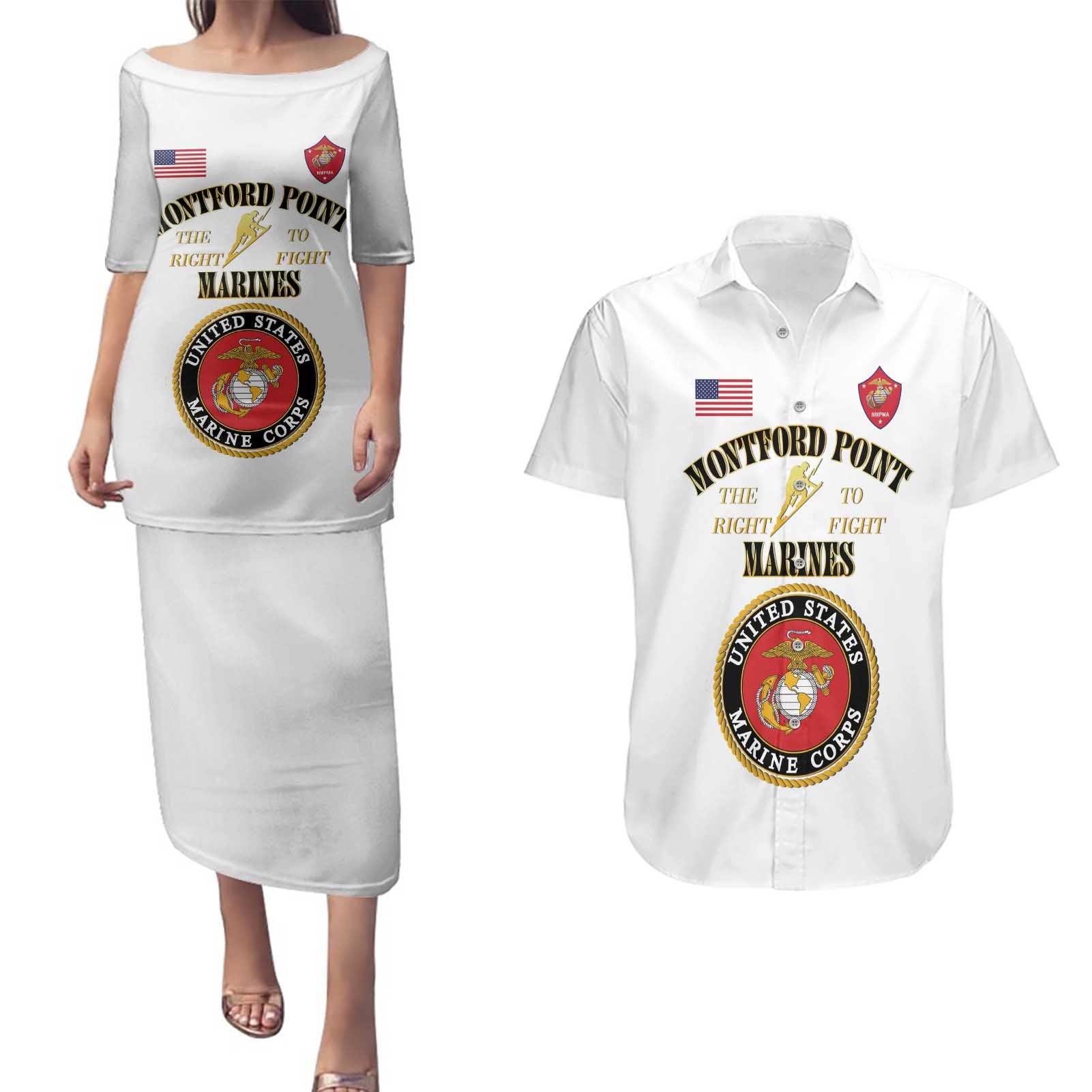 African American Marine Corps Legacy Couples Matching Puletasi and Hawaiian Shirt Montford Point Heritage White - Wonder Print Shop