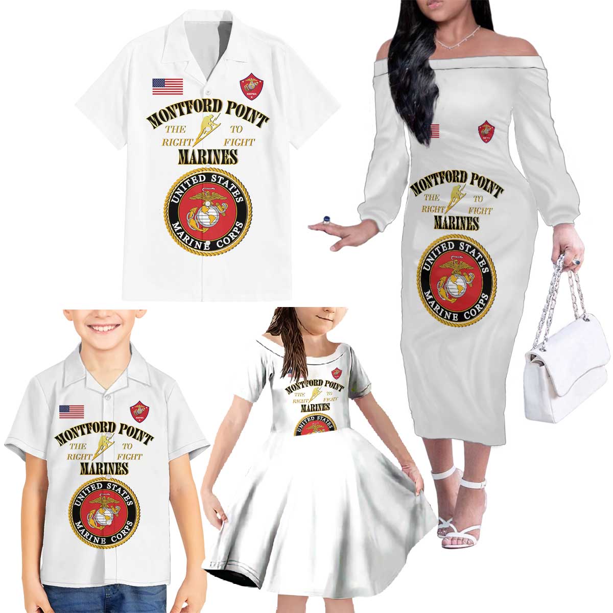 African American Marine Corps Legacy Family Matching Off The Shoulder Long Sleeve Dress and Hawaiian Shirt Montford Point Heritage White - Wonder Print Shop