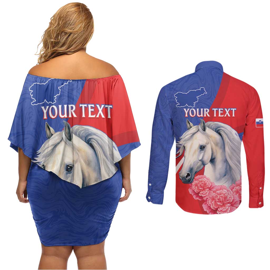 Personalised Balkan Lipizzaner Horse Slovenia Couples Matching Off Shoulder Short Dress and Long Sleeve Button Shirt Carnation Sporty Style - Wonder Print Shop