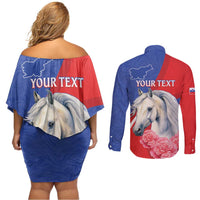 Personalised Balkan Lipizzaner Horse Slovenia Couples Matching Off Shoulder Short Dress and Long Sleeve Button Shirt Carnation Sporty Style - Wonder Print Shop
