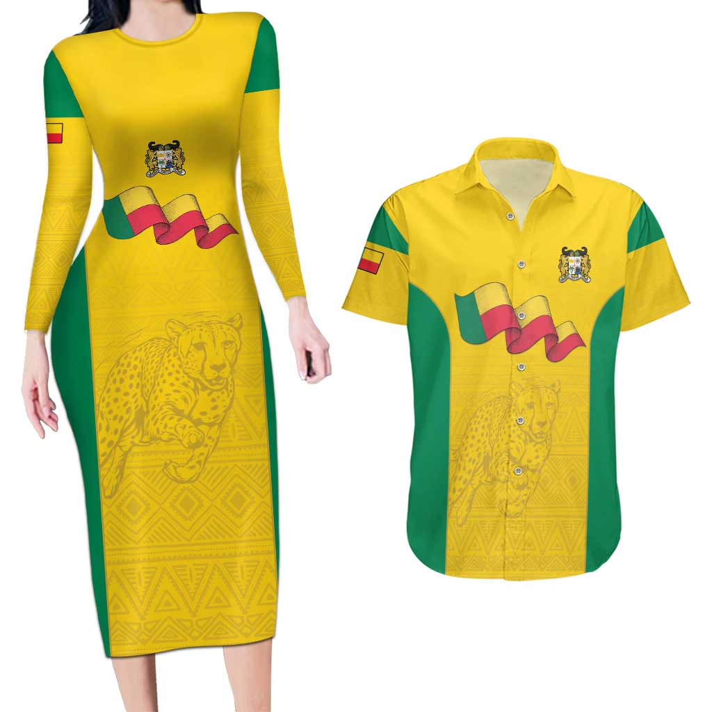 Custom Benin Football Couples Matching Long Sleeve Bodycon Dress and Hawaiian Shirt Go Champions Les Guepards - Wonder Print Shop