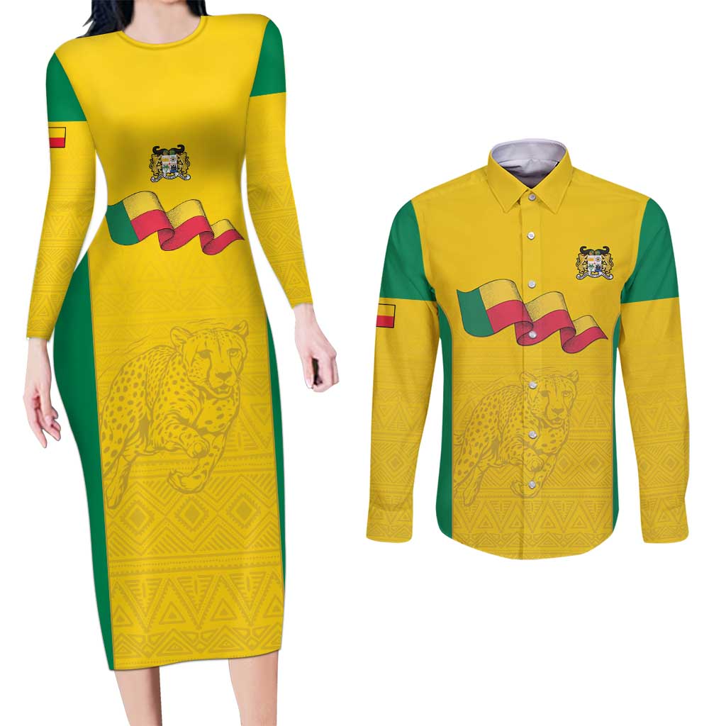 Custom Benin Football Couples Matching Long Sleeve Bodycon Dress and Long Sleeve Button Shirt Go Champions Les Guepards - Wonder Print Shop