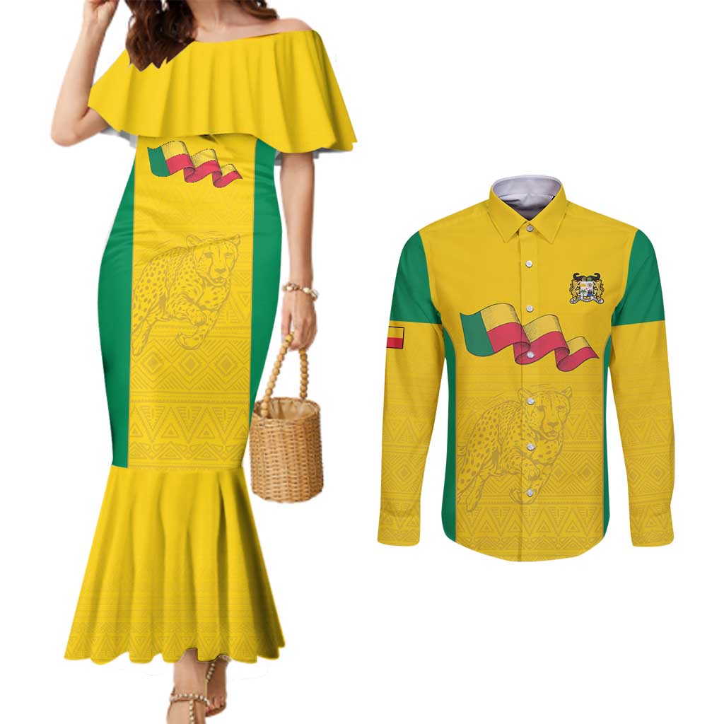 Custom Benin Football Couples Matching Mermaid Dress and Long Sleeve Button Shirt Go Champions Les Guepards - Wonder Print Shop