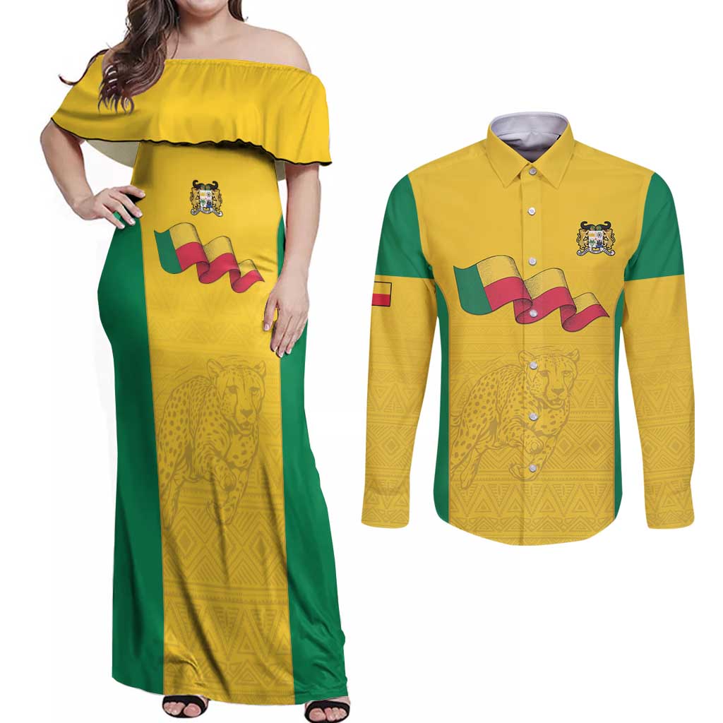 Custom Benin Football Couples Matching Off Shoulder Maxi Dress and Long Sleeve Button Shirt Go Champions Les Guepards - Wonder Print Shop