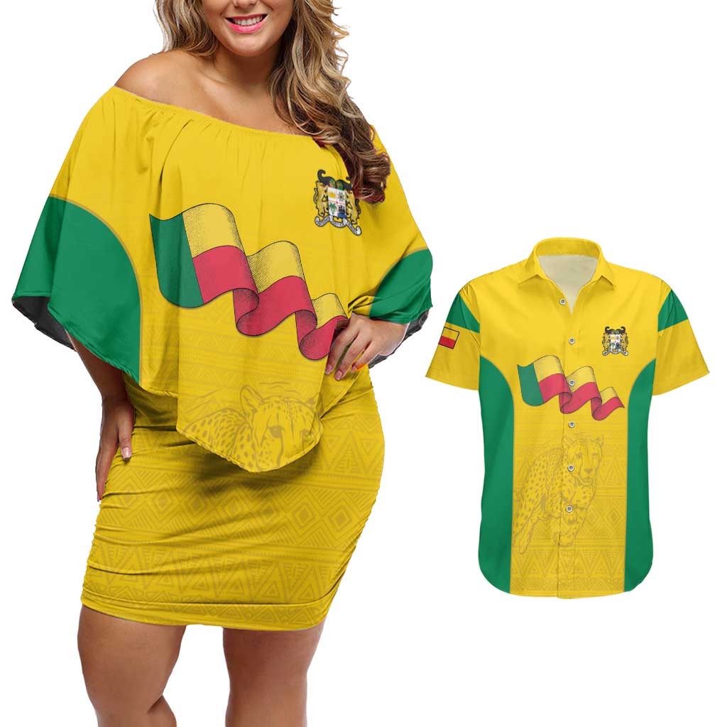 Custom Benin Football Couples Matching Off Shoulder Short Dress and Hawaiian Shirt Go Champions Les Guepards - Wonder Print Shop