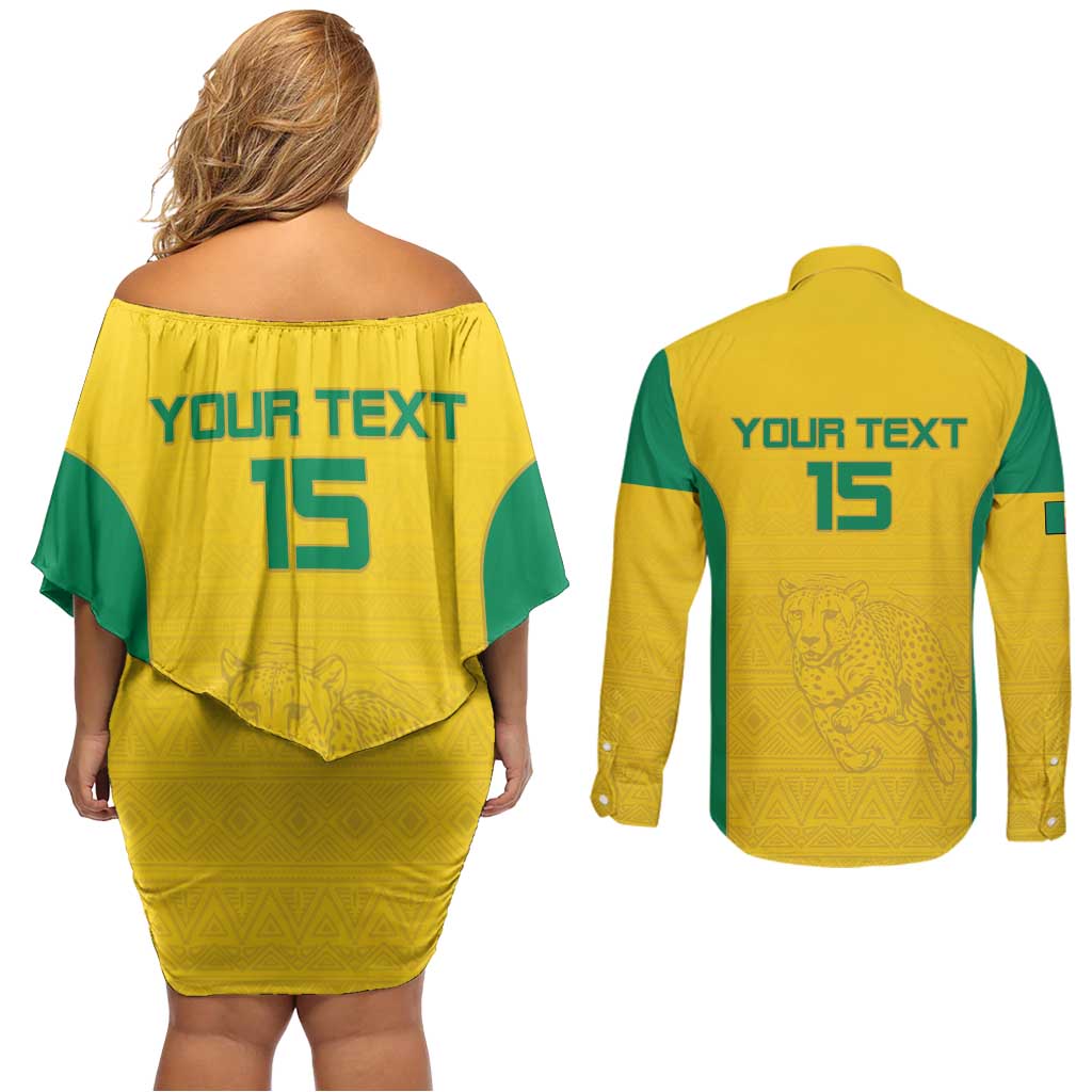 Custom Benin Football Couples Matching Off Shoulder Short Dress and Long Sleeve Button Shirt Go Champions Les Guepards - Wonder Print Shop