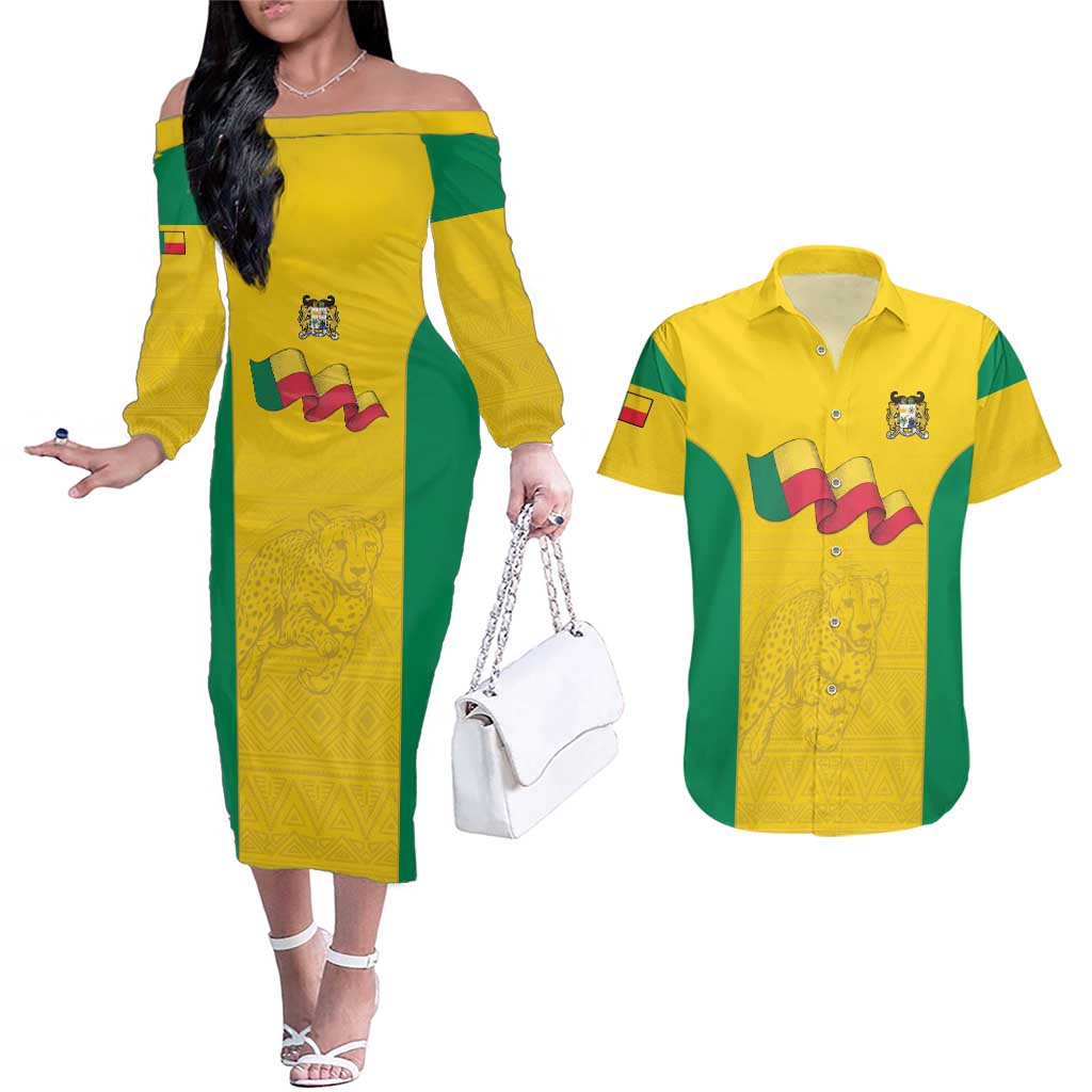 Custom Benin Football Couples Matching Off The Shoulder Long Sleeve Dress and Hawaiian Shirt Go Champions Les Guepards - Wonder Print Shop