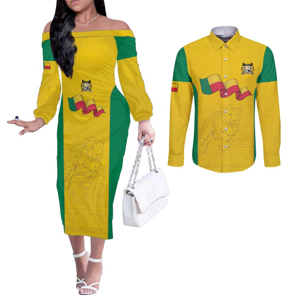 Custom Benin Football Couples Matching Off The Shoulder Long Sleeve Dress and Long Sleeve Button Shirt Go Champions Les Guepards - Wonder Print Shop