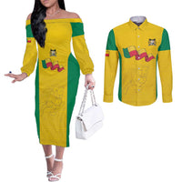 Custom Benin Football Couples Matching Off The Shoulder Long Sleeve Dress and Long Sleeve Button Shirt Go Champions Les Guepards - Wonder Print Shop