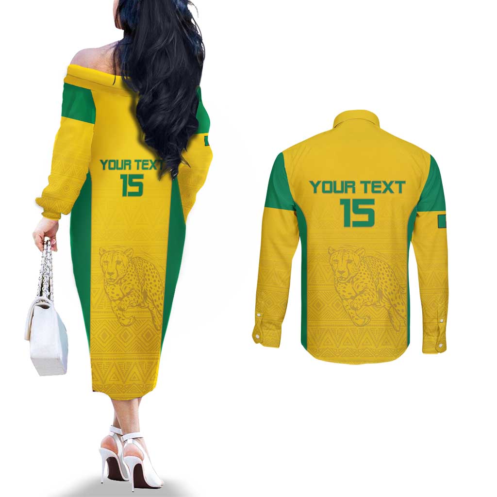 Custom Benin Football Couples Matching Off The Shoulder Long Sleeve Dress and Long Sleeve Button Shirt Go Champions Les Guepards - Wonder Print Shop
