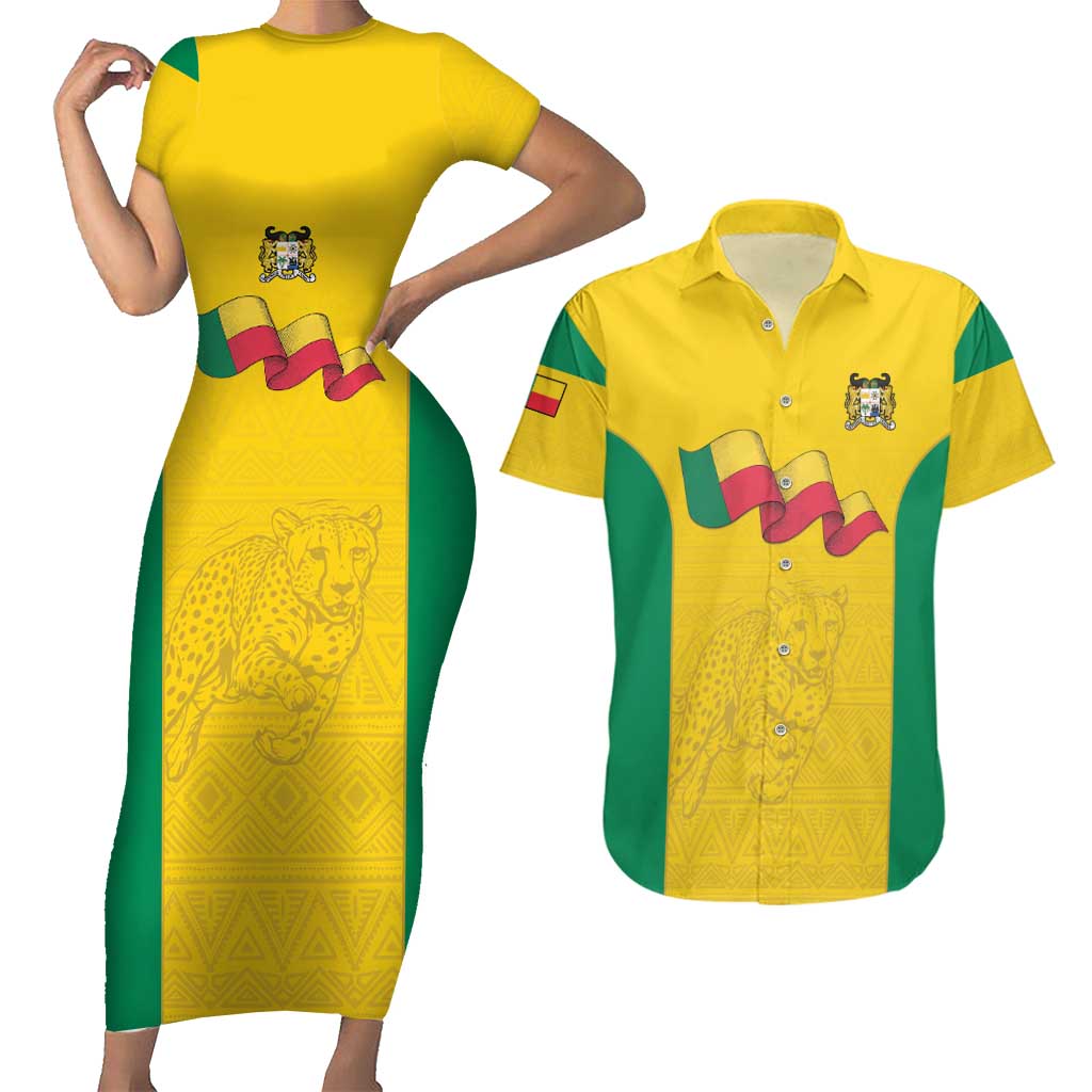 Custom Benin Football Couples Matching Short Sleeve Bodycon Dress and Hawaiian Shirt Go Champions Les Guepards - Wonder Print Shop
