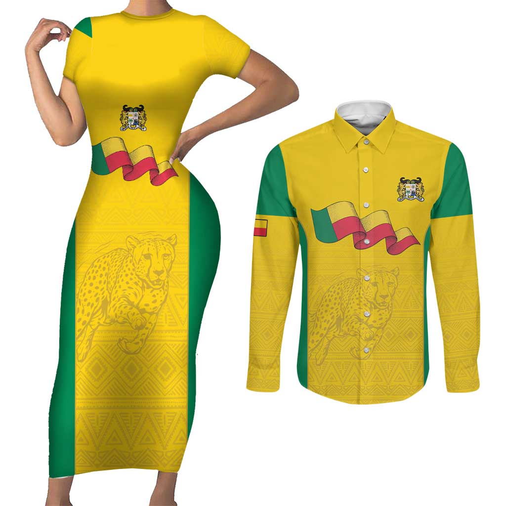 Custom Benin Football Couples Matching Short Sleeve Bodycon Dress and Long Sleeve Button Shirt Go Champions Les Guepards - Wonder Print Shop