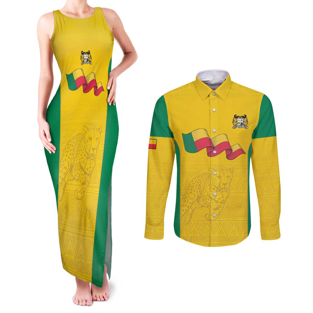 Custom Benin Football Couples Matching Tank Maxi Dress and Long Sleeve Button Shirt Go Champions Les Guepards - Wonder Print Shop