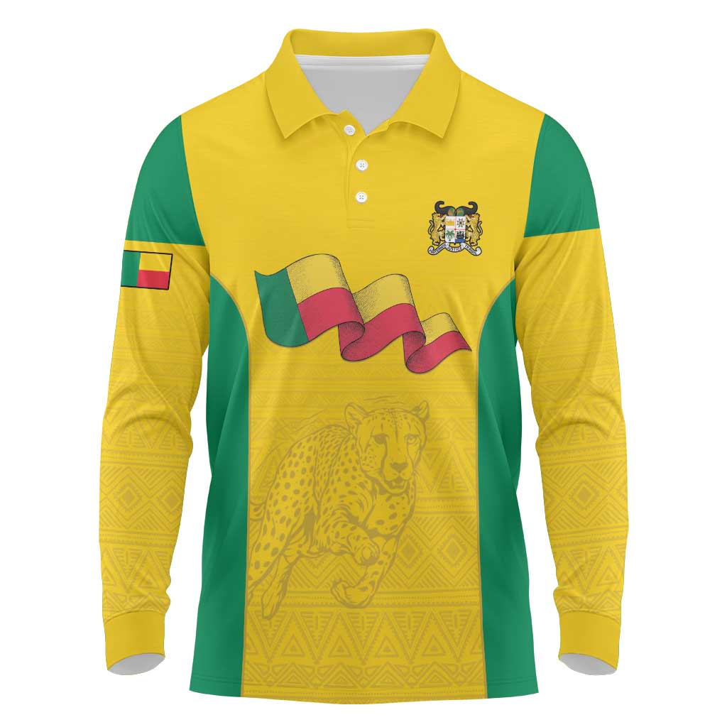 Custom Benin Football Long Sleeve Polo Shirt Go Champions Les Guepards - Wonder Print Shop