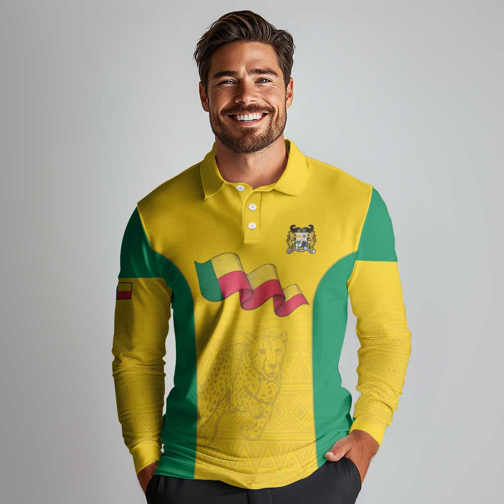 Custom Benin Football Long Sleeve Polo Shirt Go Champions Les Guepards - Wonder Print Shop
