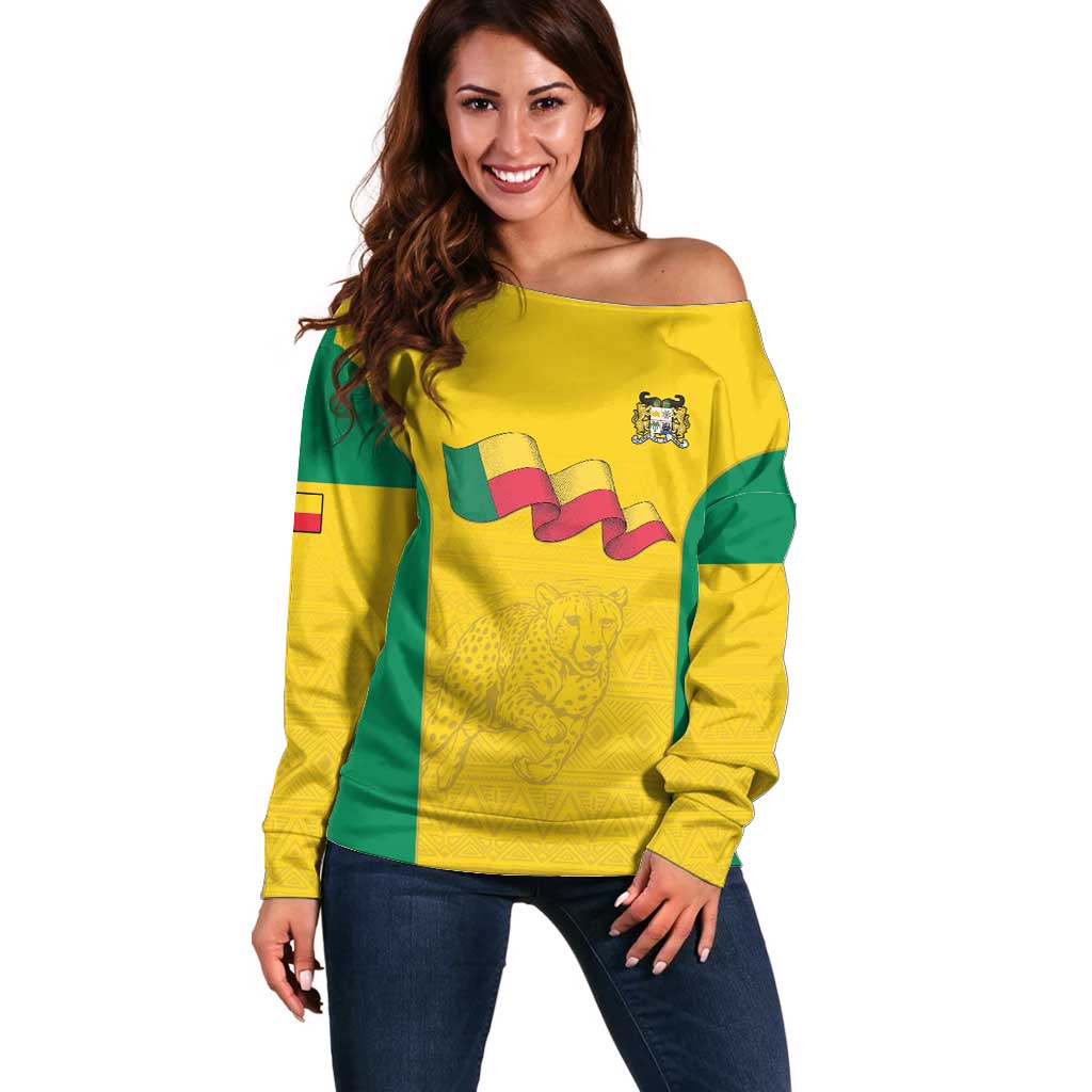 Custom Benin Football Off Shoulder Sweater Go Champions Les Guepards - Wonder Print Shop