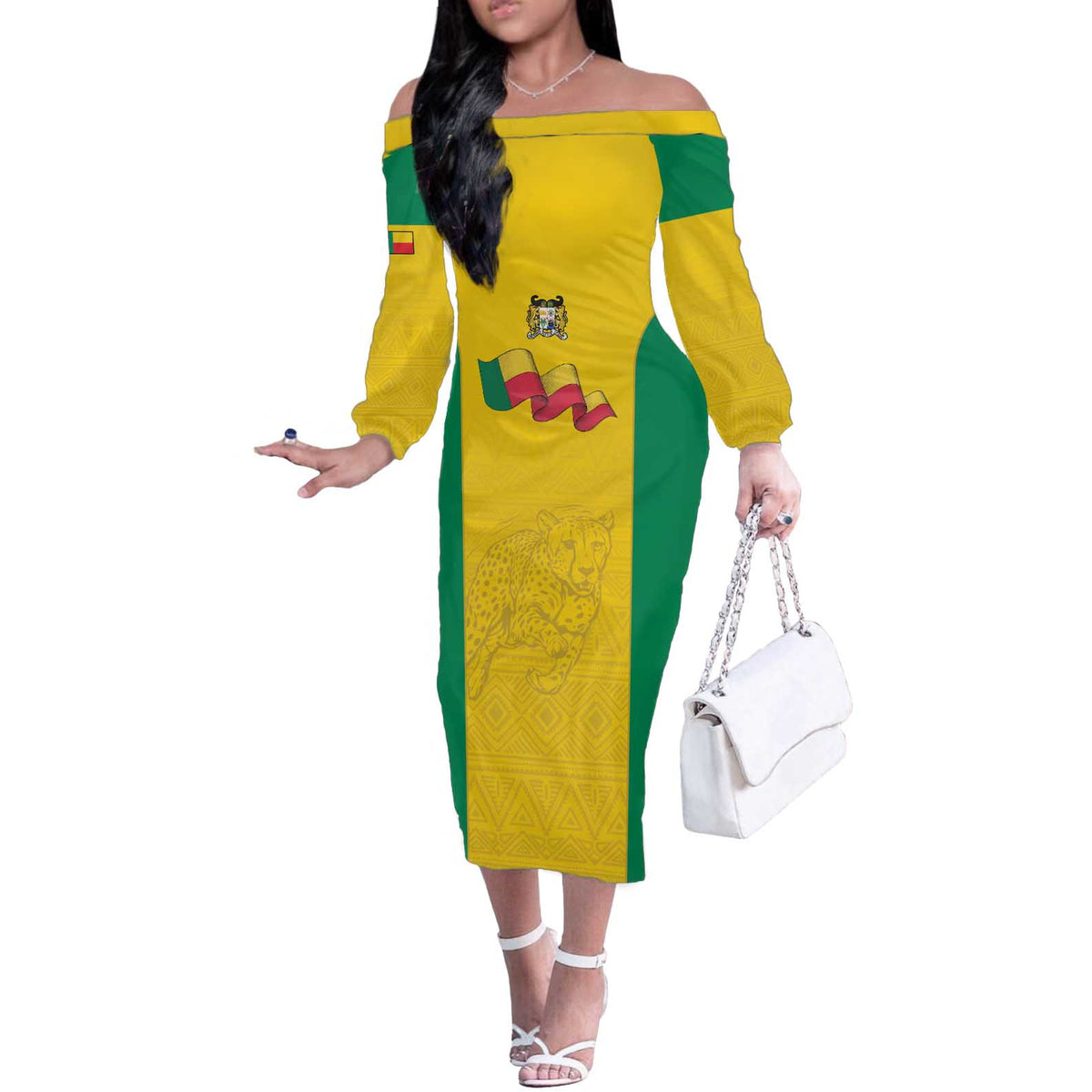 Custom Benin Football Off The Shoulder Long Sleeve Dress Go Champions Les Guepards - Wonder Print Shop