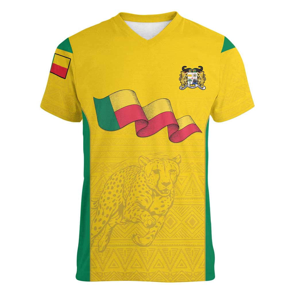 Custom Benin Football Women V-Neck T-Shirt Go Champions Les Guepards - Wonder Print Shop