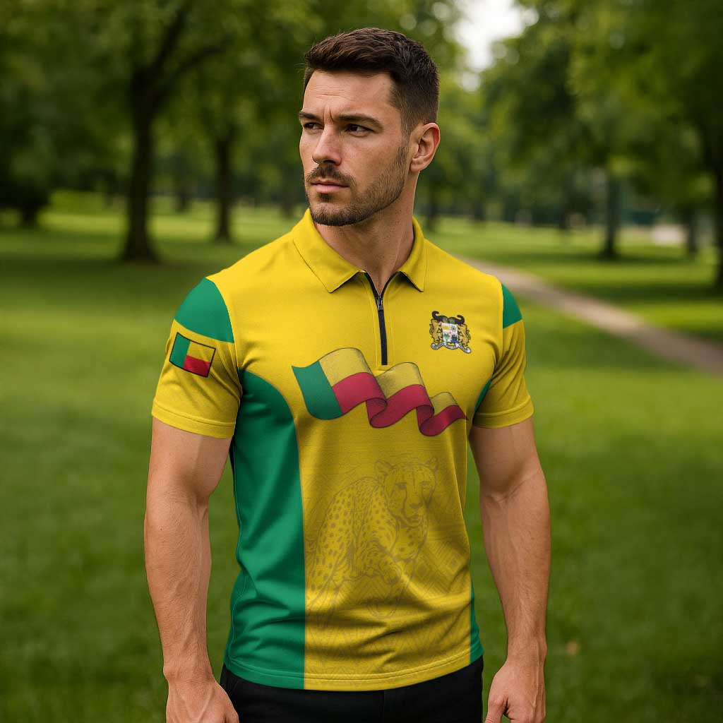 Custom Benin Football Zipper Polo Shirt Go Champions Les Guepards - Wonder Print Shop