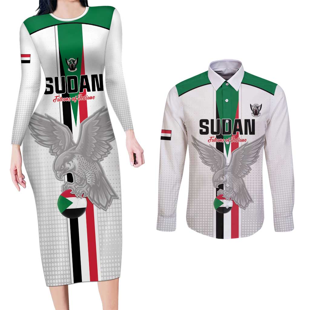 Custom Sudan Football Couples Matching Long Sleeve Bodycon Dress and Long Sleeve Button Shirt Go Champions Falcons of Jediane - Wonder Print Shop