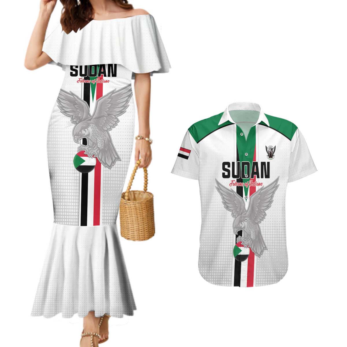 Custom Sudan Football Couples Matching Mermaid Dress and Hawaiian Shirt Go Champions Falcons of Jediane - Wonder Print Shop