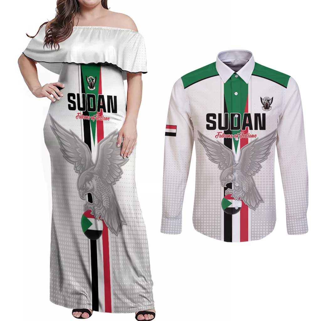 Custom Sudan Football Couples Matching Off Shoulder Maxi Dress and Long Sleeve Button Shirt Go Champions Falcons of Jediane - Wonder Print Shop