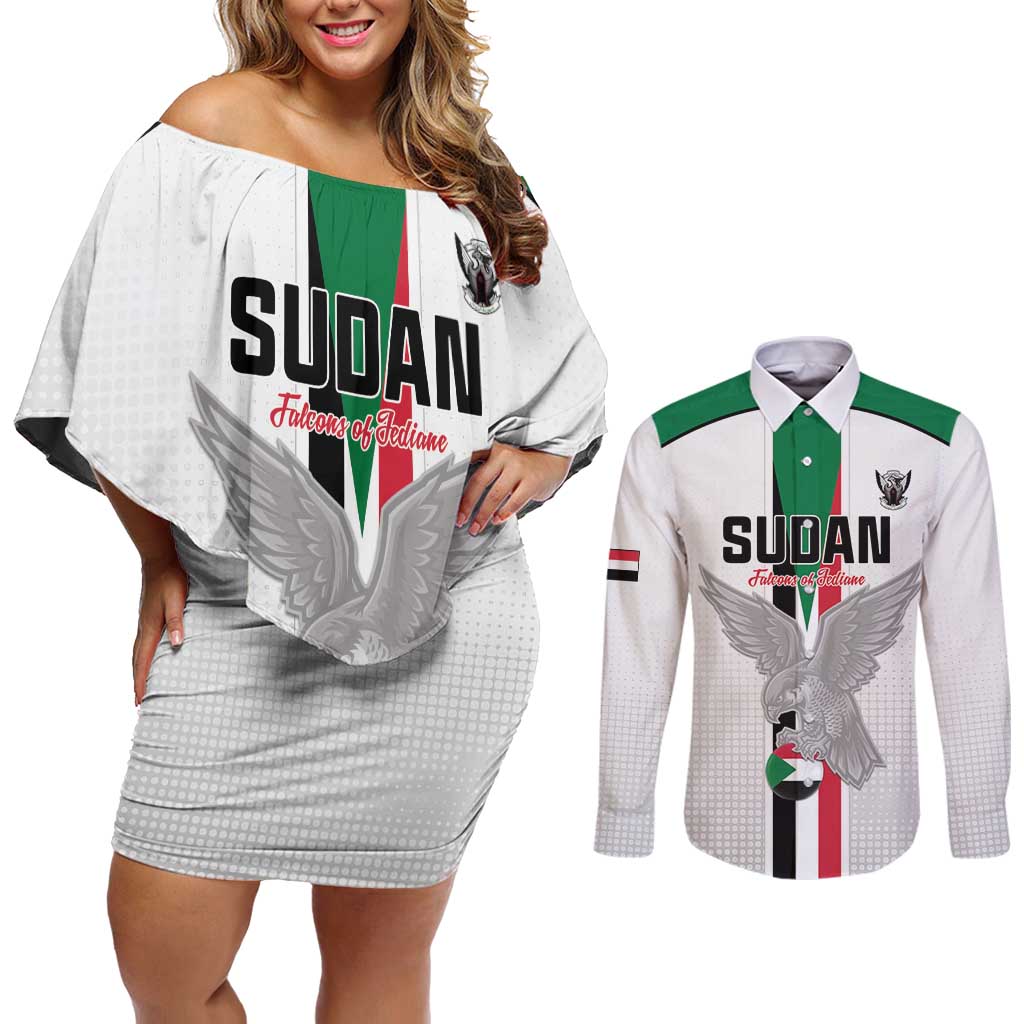 Custom Sudan Football Couples Matching Off Shoulder Short Dress and Long Sleeve Button Shirt Go Champions Falcons of Jediane - Wonder Print Shop